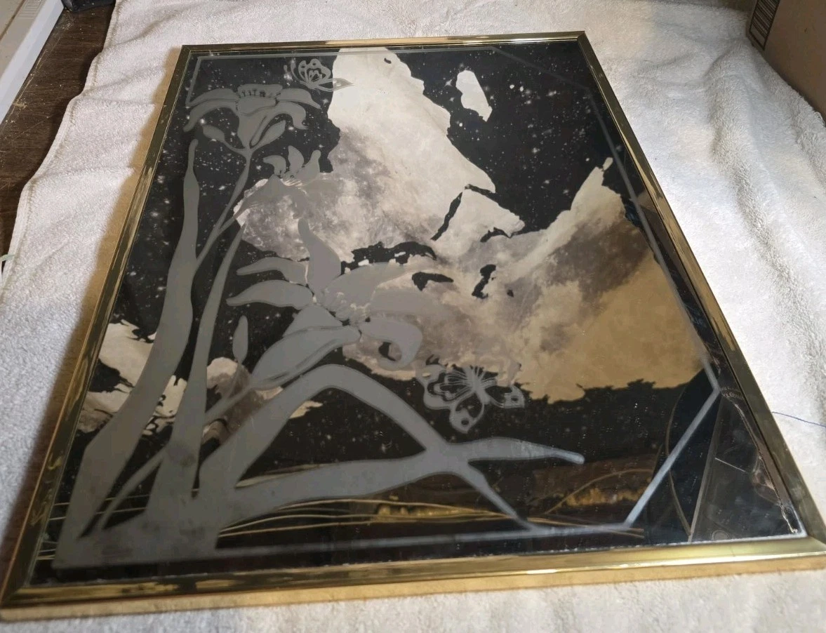 Vintage MCM Etched Gold Framed Mirror 16x20 Lilies And Butterflies Mirror