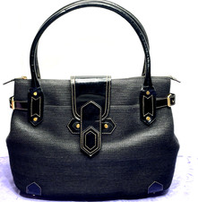 Eric Javits New York Large Black Tote bag Straw Leather Trim Gold Logo  mirror