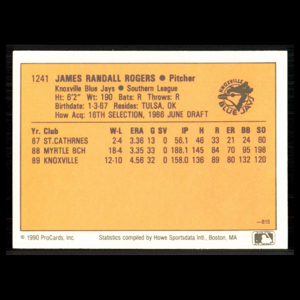 Jimmy Rogers #1241 1990 ProCards Knoxville Blue Jays Baseball Card MLB NM - Image 2 of 3