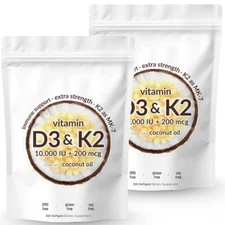 (Pack of 2) Vitamin D3 10000 IU + K2 200 mcg | 300 Softgel | Bone & Heart Suport