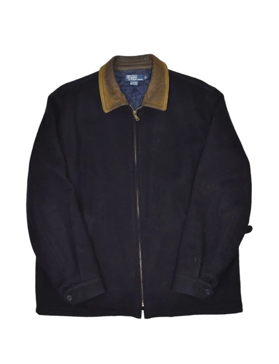 Polo Ralph Lauren Wool Jacket Mens L Black Full Zip Leather Polo Ralph Lauren Wool Jacket Mens L Black Full Zip Leather