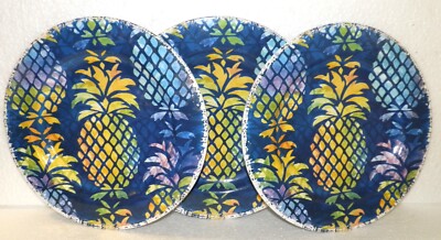 Set of 3 Vintage Plate Melamine Ware Pineapple 11'' Luau Hawaii Aloha Blue