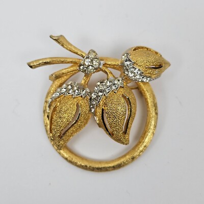 BSK Brooch Pin Crystal Rhinestone Floral Flower Leaf Branch Gold Tone Vtg MCM 60