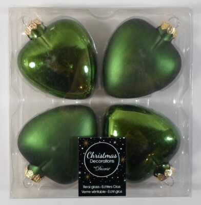 DECORIS CHRISTMAS VTG 80's CHRISTMAS TREE GLASS GREEN HEART ORNAMENTS x 4 MIB