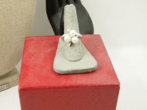 14K White Gold 3 Pearl & 12 Diamond Cocktail Ring Size 6 3/4
