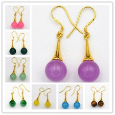 Beautiful 10mm Multi-color Round Gemstone Beads Dangle Gold-plated Hook Earrings