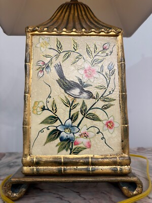 Pair of Asian gold pagoda style table lamps painted birds floral pink blue 28 in