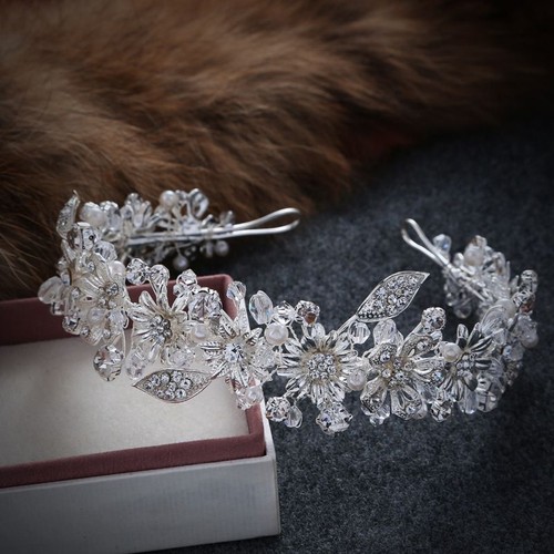 Crystal Flower Headband -Leaves Flowers Tiara Bridal Headbands Wedding Headpiece - Picture 3 of 12