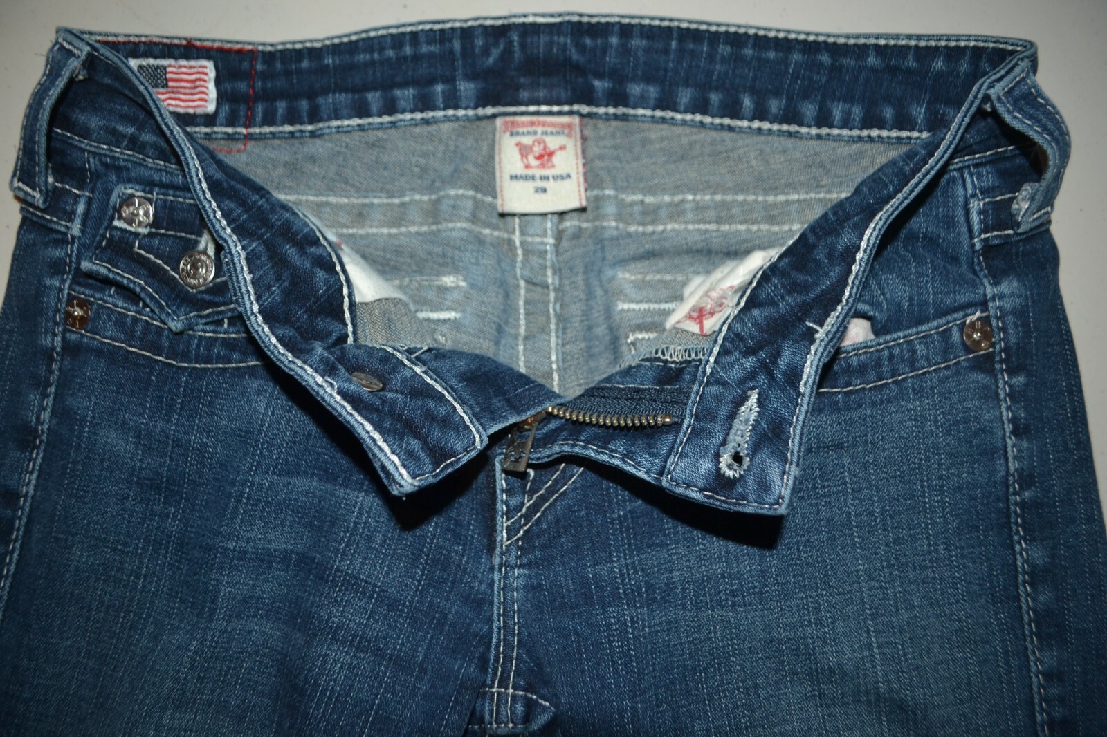 True Religion Women's Billy Straight Pocket Flaps Blue Denim Jeans Sz 29x32 thumbnail 8