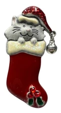 Vintage Christmas Cat In Stocking Brooch Bell Rhinestones KC Jewelry Accessory