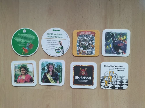 8 beer mats Bischoff, Elwedritsche, Upper Palatinate beer queen, 300 years Bischofshof