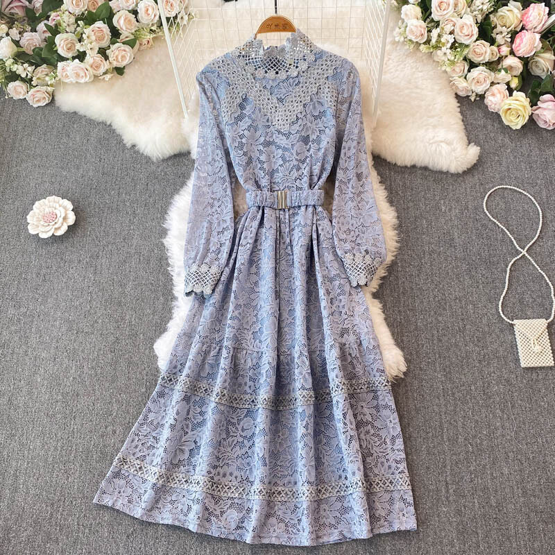 Lady Floral Lace Dress with Belt Puff Sleeve Mock Neck Swing