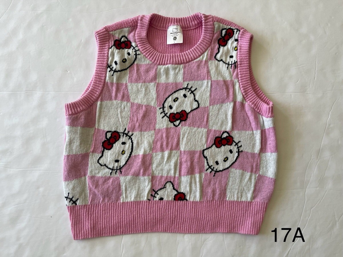 Hello Kitty by Sanrio Sweater Vest Knit Checkered Pink White