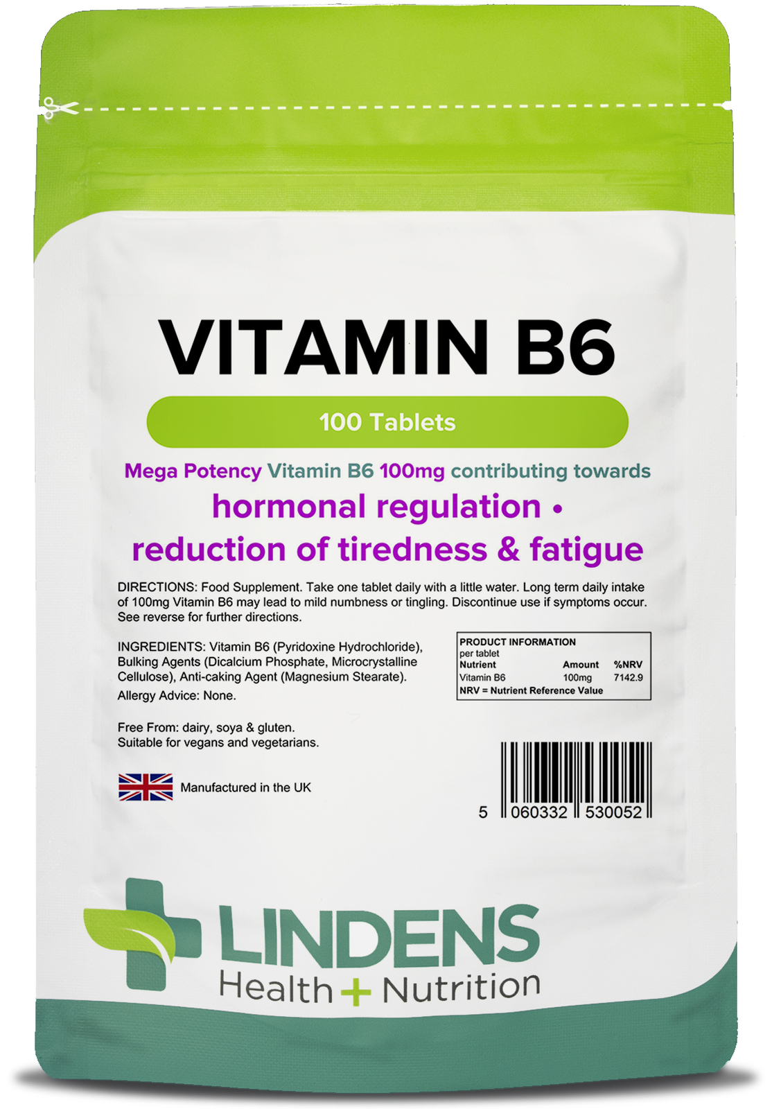 Vitamin B6 100mg 100 Tablets Hormone Balancer Reduce Tiredness Fatigue Lindens - Image 2