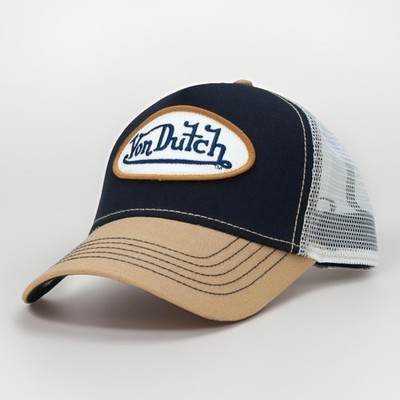VON DUTCH Logo Patch Mesh Back Trucker Hat Cap Navy/Tan Snapback Adjustable NEW