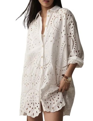 CHARTOU Damen Eyelet-Spitzenkleid Button-Down, Lockere Passform, Weiß, Größe M