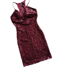 Burgundy Sequin Low Back Beaded Mini Dress Bodycon Wine Red Sexy Going out Party