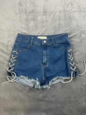 Labijou Cut-off Shorts Women's Small Blue Denim Sparkle Cord Side Lacing