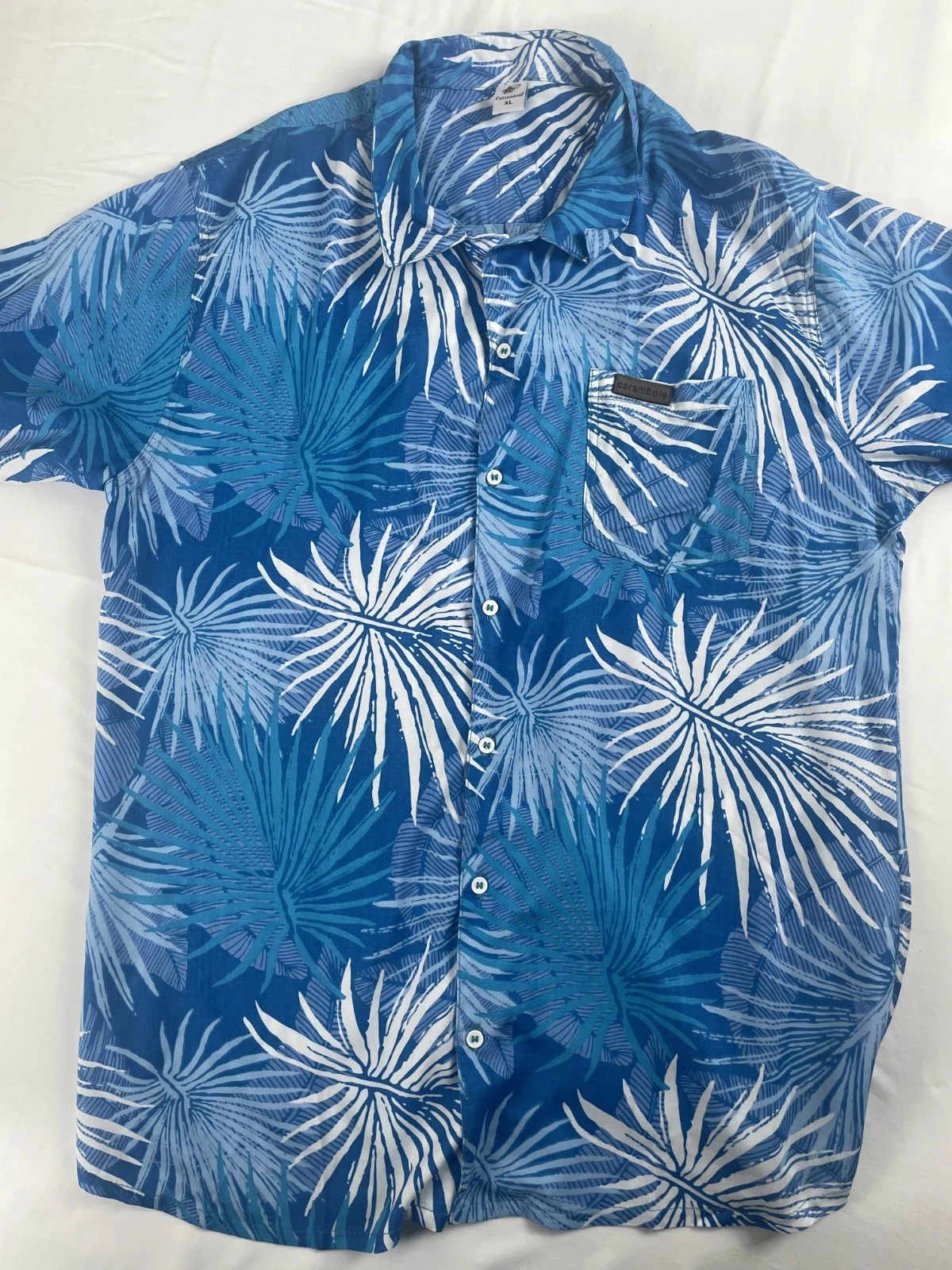 Carambole Hawaiian Shirt Mens XL Blue Palm Leaf Tropical Viscose Button Up