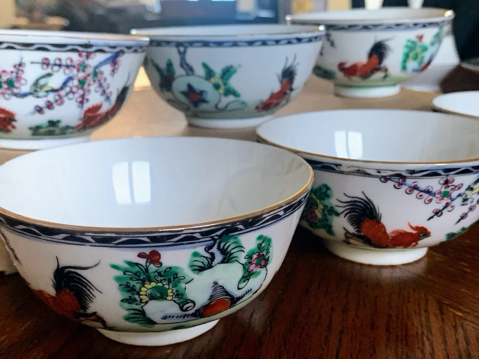 Antiguo gallo chino pintado a mano tazas de té de porcelana - años 40 - juego de 6 Foto 4 de 4