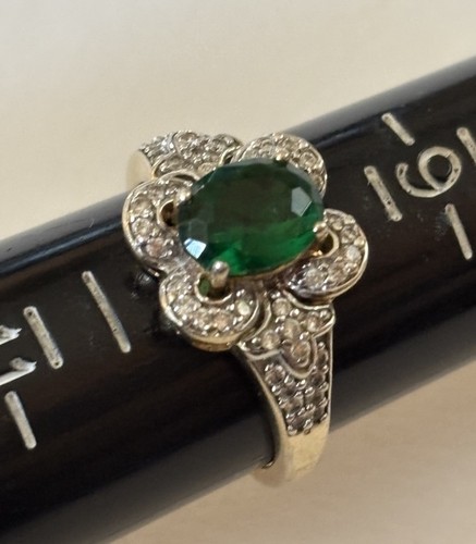 Gold Plated over Sterling Silver Vermeil, Synthetic Emerald and CZ Cluster Ring