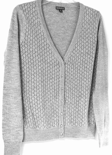 MERONA GRAY CARDIGAN SWEATER -SILVER SHIMMER THREADS-JEWELED BUTTONS - SIZE MED
