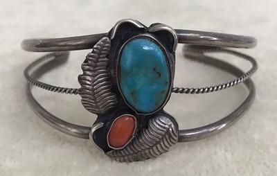 VINTAGE NAVAJO Native American Turquoise & Coral Sterling Silver Cuff BRACELET