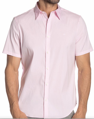 Calvin Klein Mens Button Down Short Sleeve Casual Stretch Fit Shirt - Solid Pink