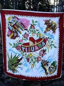 Vintage Tijuana Mexico Souvenir Scarf Sombrero Fiesta Landmarks 34x36 Colorful