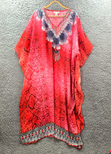 BEME Womens Kaftan Midi Dress Plus Size S/M Red Pink Paisley Sheer Short Sleeve