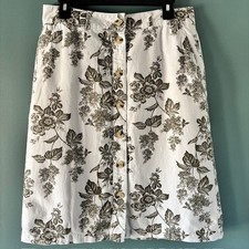 Liz Claiborne Floral White Gray Aline Button Front Linen Blend Skirt 8 Feminine