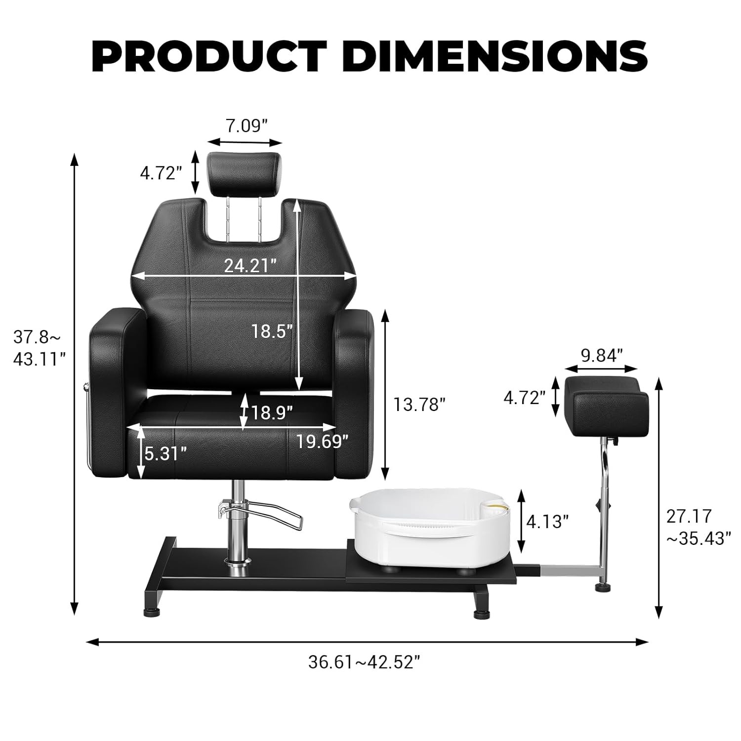 360° Swivel Hydraulic Pedi Chair with Stool Footrest Height Adjustable Spa Salon