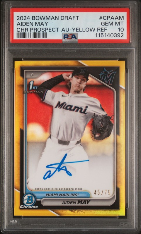 2024 BOWMAN DRAFT CHROME PROSPECT AUTOS YELLOW REFRACTOR AIDEN MAY 45/75 PSA 10