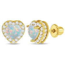 Opal CZ Heart Kids / Girls Earrings Screw Back - Gold Plated Sterling Silver