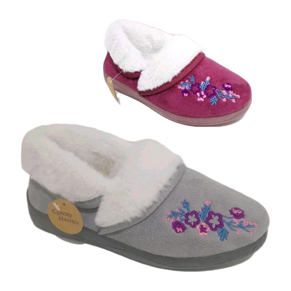 COUNTY CLASSICS Damen Hausschuhe Slipper ganzer Rücken Kunstfell Wechsel zu Bootie weich bequem Schuhgröße