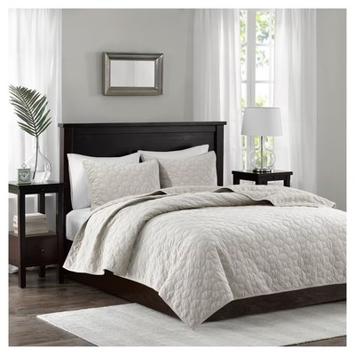 Madison Park 3pc Full/Queen Mercer Faux Velvet Reversible Coverlet Set Ivory