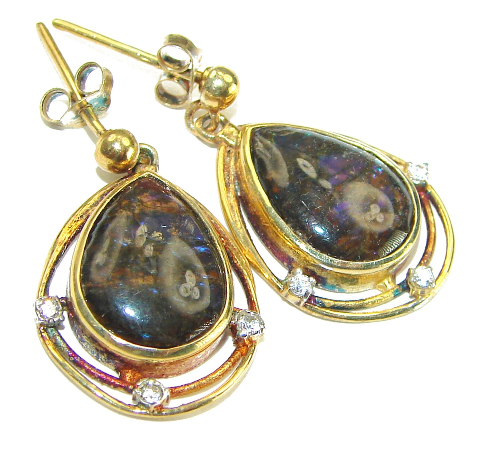 Pendientes Ammolita Oro Rosa 14K Sobre Plata 925 Verde Fuego Canadiense Hechos a Mano Foto 4 de 4