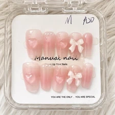 Handmade Pink Heart 3D Medium Coffin Fake Nail Size M Brand New In Box