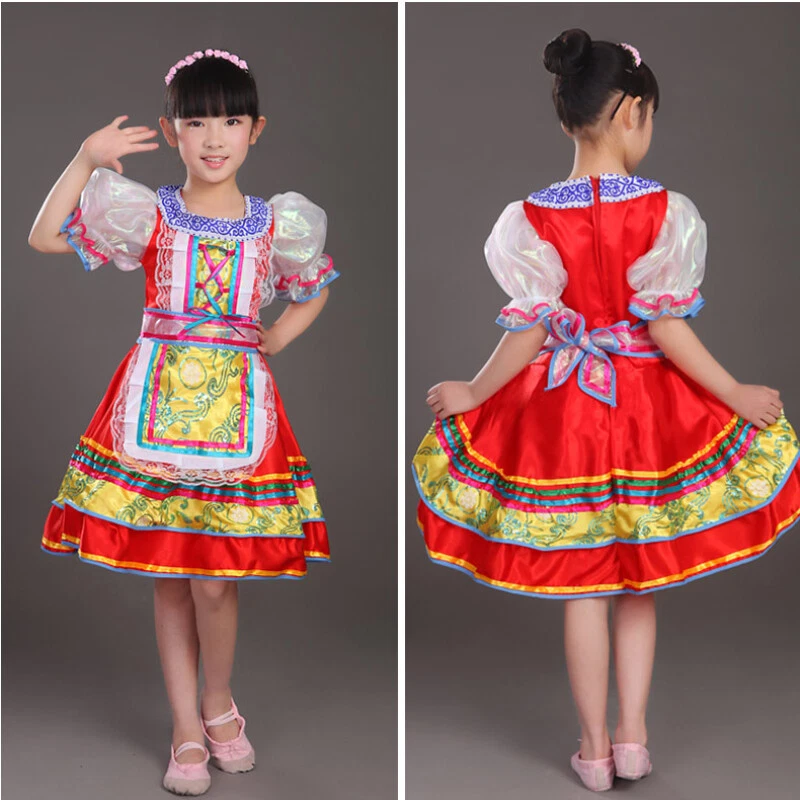 Girl Ethnic Folk Dress Costume Cute Russian Traditional Short Sleeve Dance Dress - Image 3 of 4