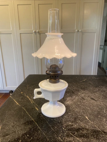 Beautiful Vintage Milk Glass Finger Kerosene Lamp w Old Petticoat Shade