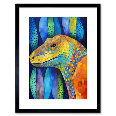Komododrache lebendig moderne Volkskunst Aquarell gerahmter Kunstdruck Bild 9 x 7 Zoll
