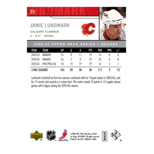 2006-07 NHL Upper Deck Serie 1 - Jamie Lundmark - Tarjeta #31 Calgary Flames - Imagen 2 de 2