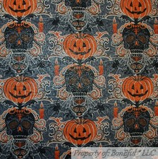 BonEful FABRIC FQ Cotton Quilt Gray Black Orange PUMPKIN Halloween Holiday Skull