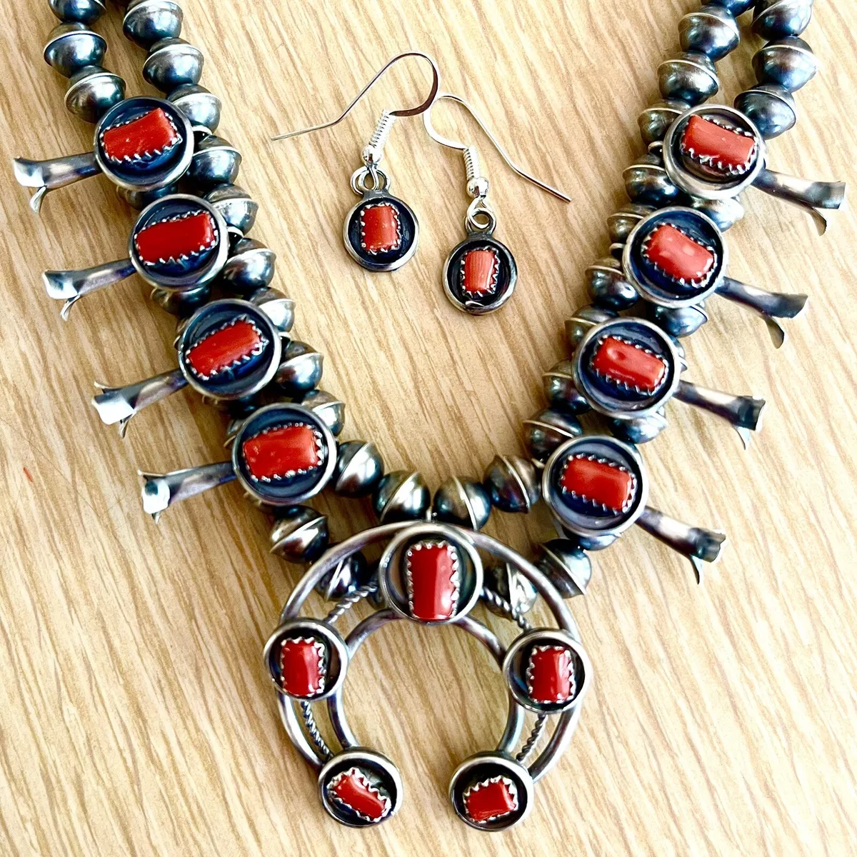 Small Squash Blossom Necklace Signed PG Navajo Red Coral Sterling
