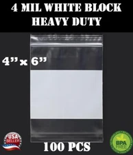 100 - 4" x 6" Zip Seal Reclosable 4Mil Top Lock Bags White Block Heavy Duty