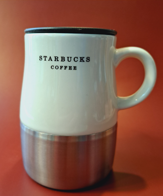 Starbucks 2006 White Stainless Steel Rubber Bottom Ceramic 14 oz Coffee Mug  | eBay
