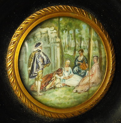 Signed Miniature c 1900 after Antoine Watteau ''The Champs Elysées''