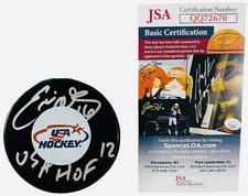 EDDIE OLCZYK SIGNED TEAM USA LOGO PUCK AUTOGRAPHED BLACKHAWKS HOF 12 +JSA COA