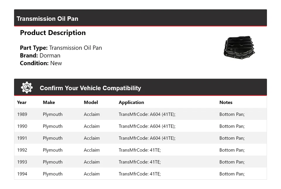 Pan de aceite de transmisión Plymouth Acclaim Dorman 1989-1994 1990 1991 1992 1993 Foto 2 de 4