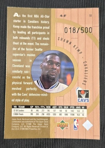 1998 Upper Deck Hardcourt /500 Shawn Kemp Home Court Advantage Plus #10 Seattle - Picture 2 of 2